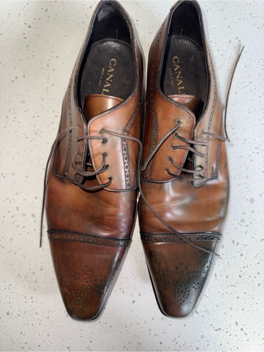 Canali Brown Burnished Leather Cap-Toe Derby Oxfords